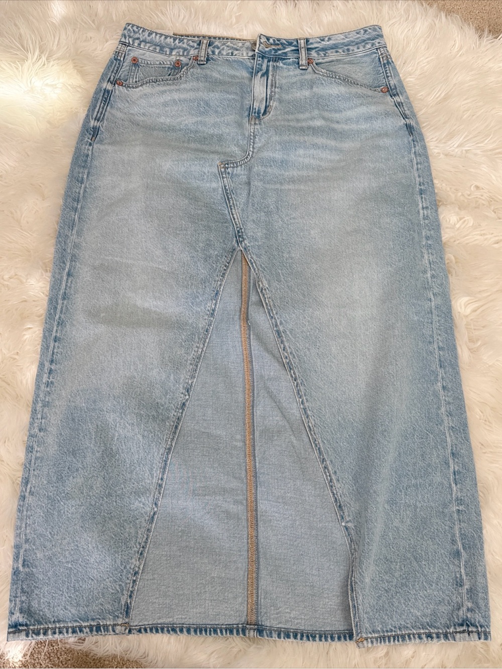 American Eagle Outfitters Light Blue Denim Midi Skirt with Front Slit